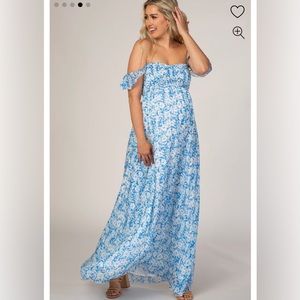 PinkBlush Maternity Blue Floral Flutter Sleeve Maxi Dress. NWT. Size Large.